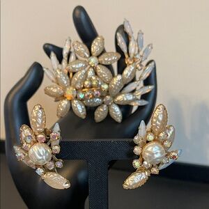 Beau Jewels Molded Faux Pearl Opaline Aurora Borealis Rhinestone Demi-Parure